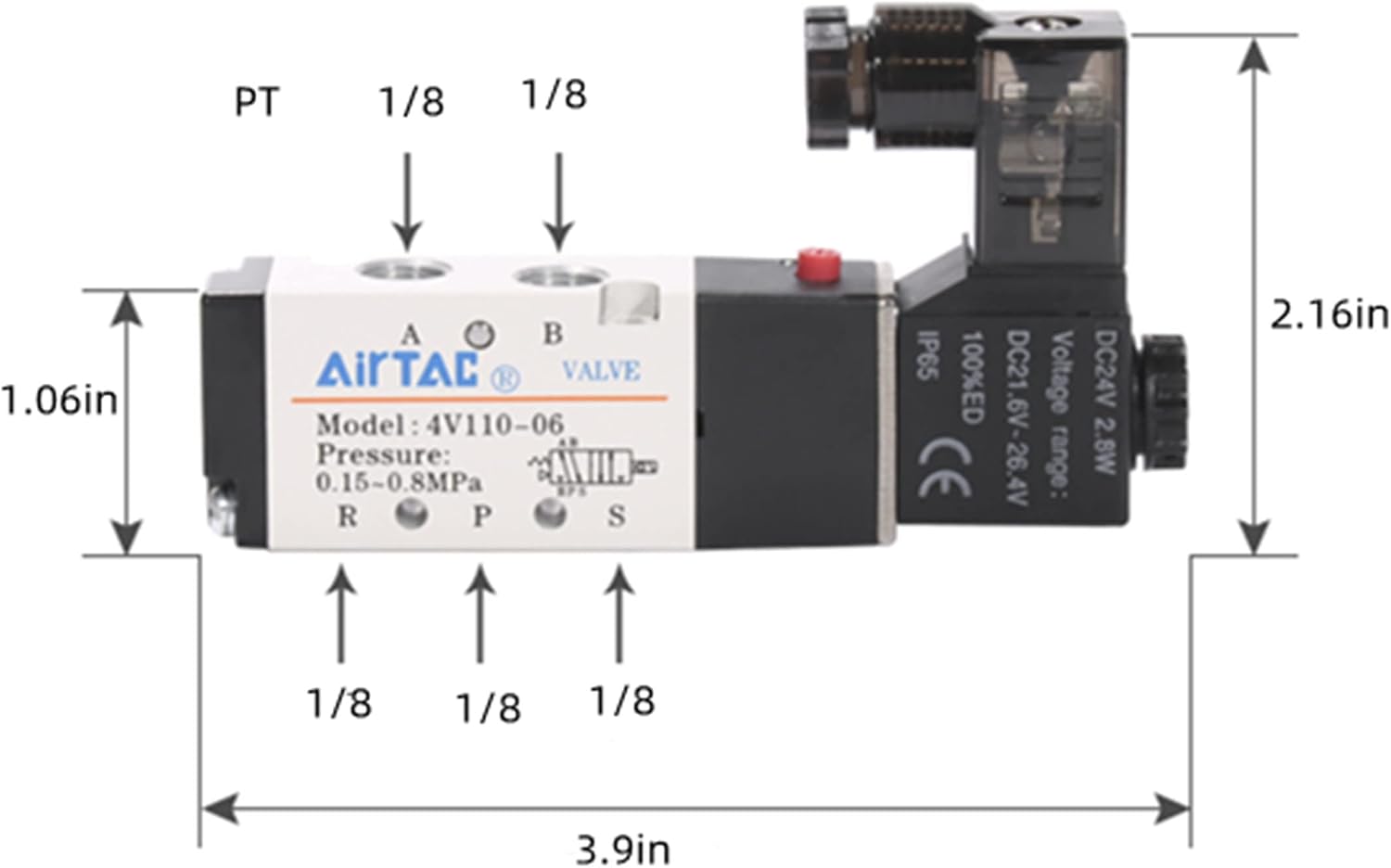 Solenoid Valve 1/8"PT Pneumatic AirTAC 4V110-06 Air 12V/24V/110V/220V Single Coil Pilot-Operated Electric 2 Position 5 Way Connection Type (4V110 PT1/8, DC24V)