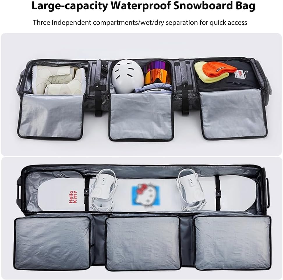 Snowboard Bag with Wheels Waterproof Roller Ski Bags Snowboard Bag for Air Travel Adjustable Length Up to 174 Cm for Boots, Gloves, Skis & Accessories