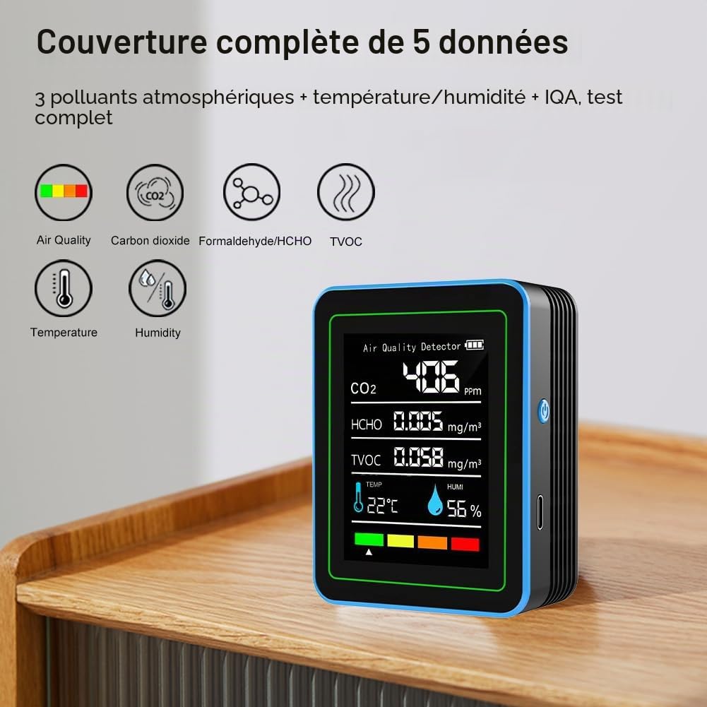 Détecteur de CO2 Moniteur de Monoxyde de Carbone, Moniteur Qualité de l'Air 5-en-1, Détecteur d'air, Charge USB, Mesure Température et Humidité, Portable, Moniteurs de Formol pour Maison