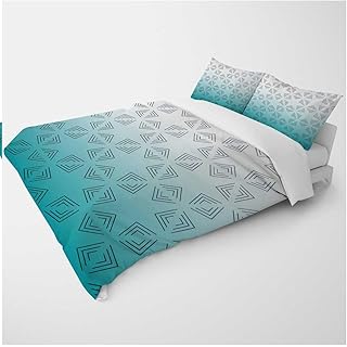 California King Duvet Cover Cute White Cyan Teal Gradient Geometric Checked Sleep Zone for Kids Teens Adults (California King,104