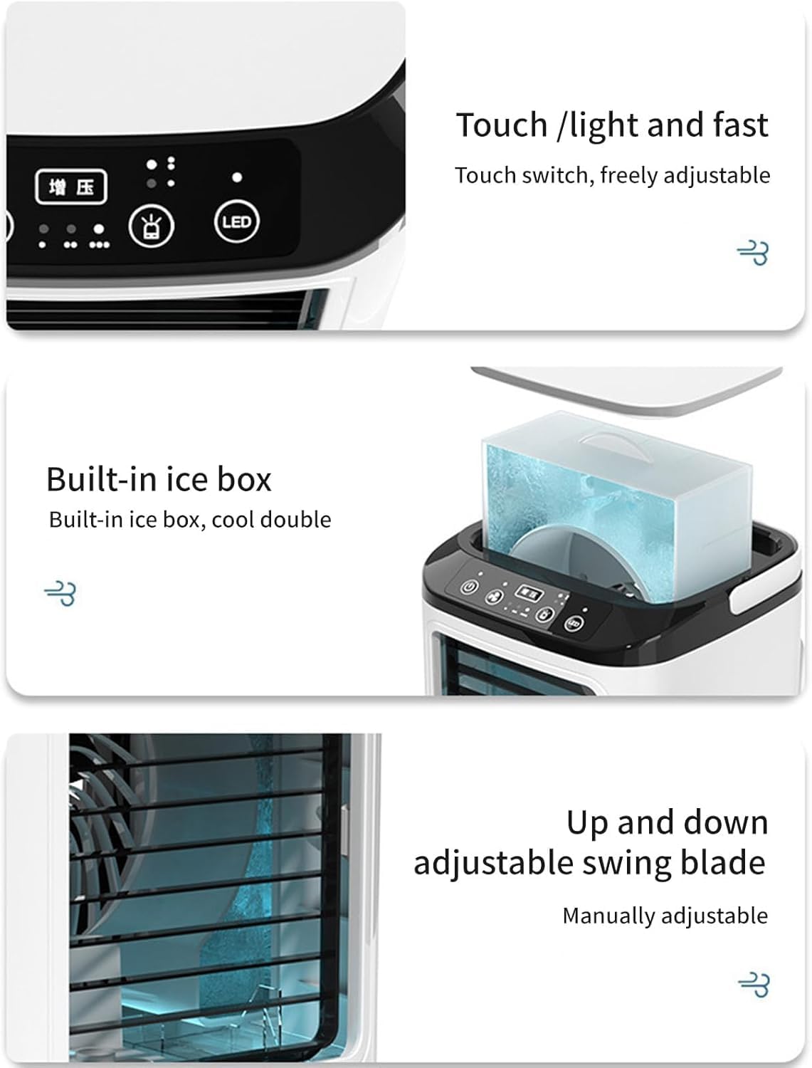 Mini ventilatore portatile per condizionatore d'aria, umidificatore evaporativo silenzioso, 3 in 1, 3 velocità del vento, nebbia di raffreddamento, 7 luci LED, per casa, viaggi, ufficio