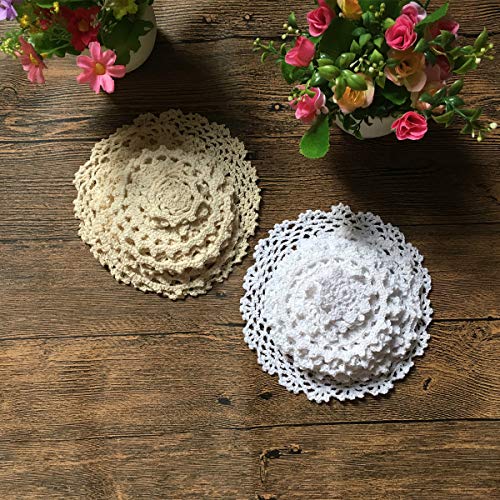 MINDPLUS Set of 24 Hand Crochet Doilies Cotton Lace Table Placemat Mini Doilies 2-7 Inch Round White Beige Vintage Wedding Tea Party (12pcs White and 12pcs Beige) - Image 4