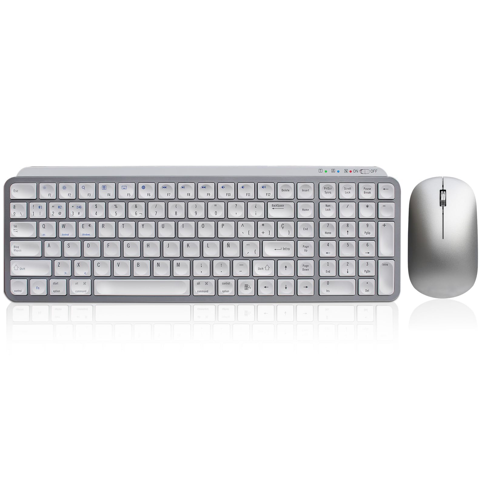 Rechargeable Spanish Keyboard and Mouse Kit, Silent, Multi Device, Wireless USB+Bluetooth-Silver