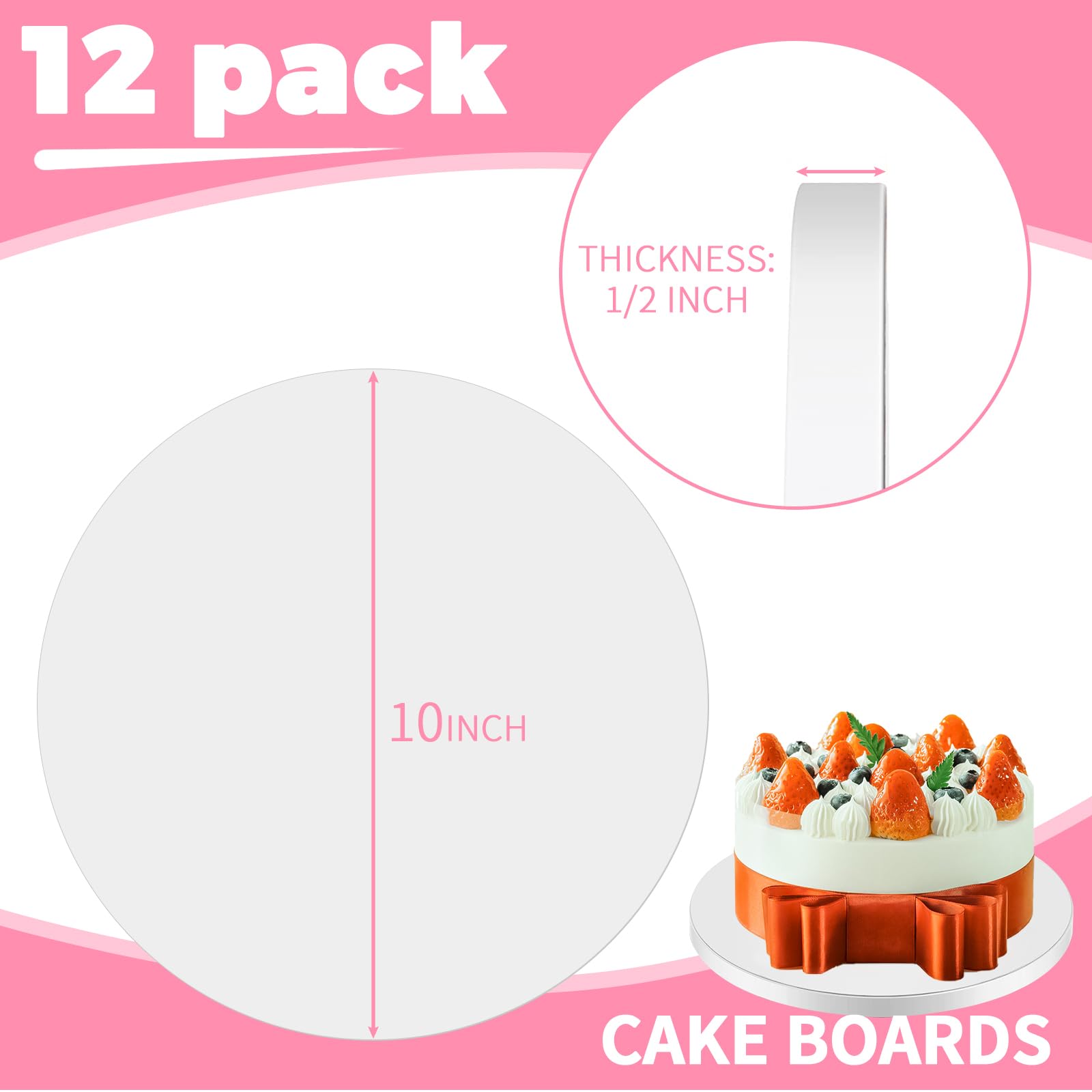 10 Inch Cake Board Drums Round, 12-Pack, White, Sturdy 1/2" Thick Heavy Or Multi-Tiered Cakes for Bithday Wedding Party. (10inch(12pack))