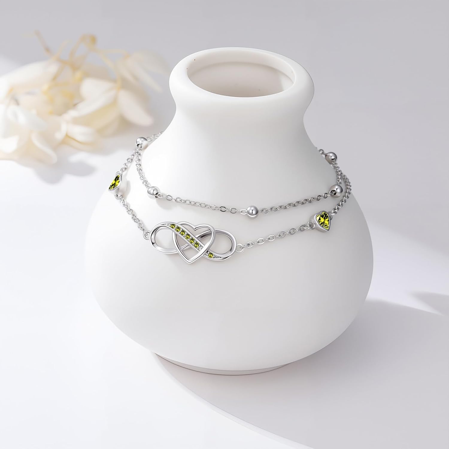 Infinity Heart Anklet for Women August Birthstone Layered Ankle Bracelet 925 Sterling Silver Light Green Peridot Summer Beach Jewelry Anniversary Birthday Gifts for Wife - Image 2