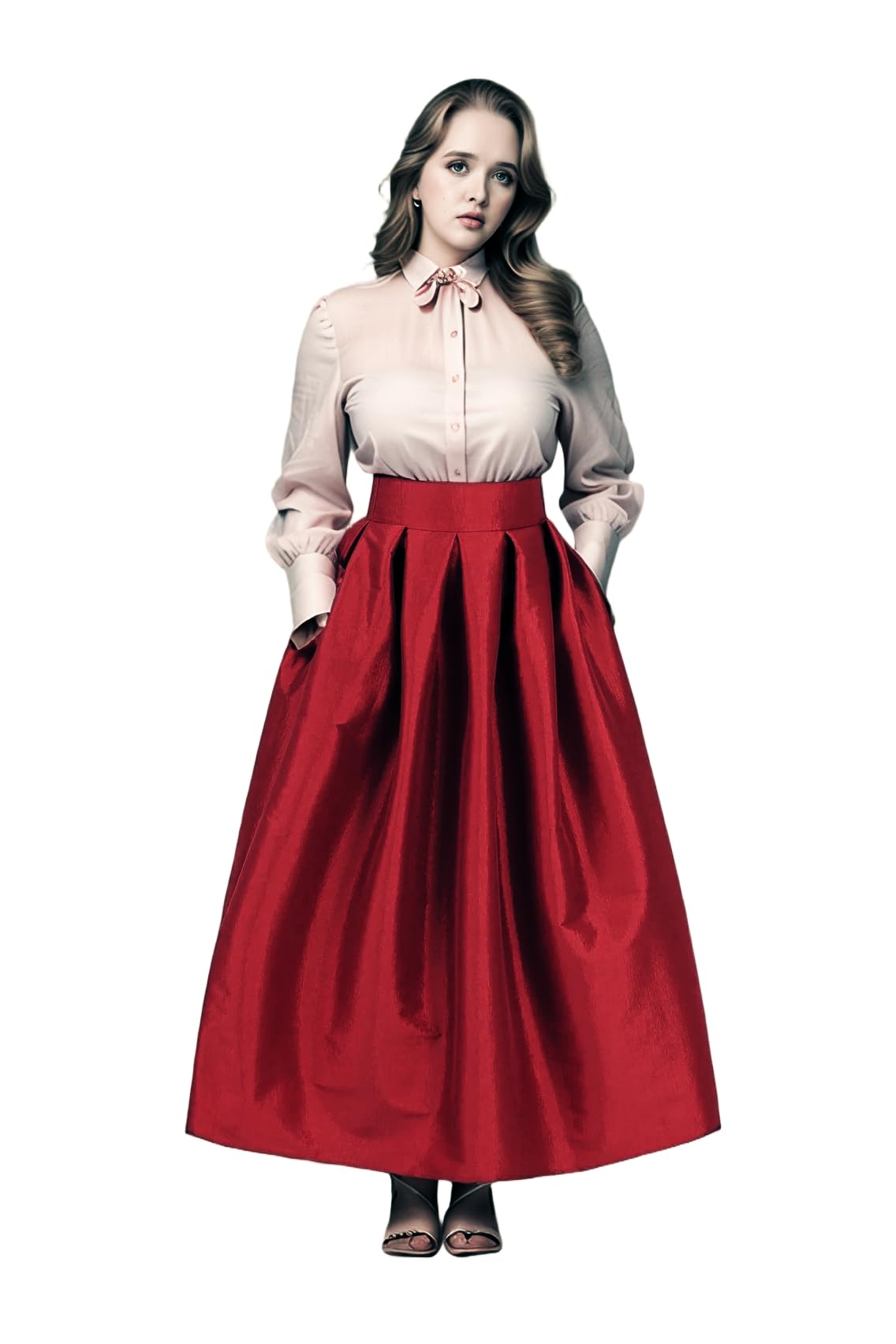 Womens Long Front Pleated Back Elastic Taffeta Skirt A-Line Taffeta Skirts with Pockets