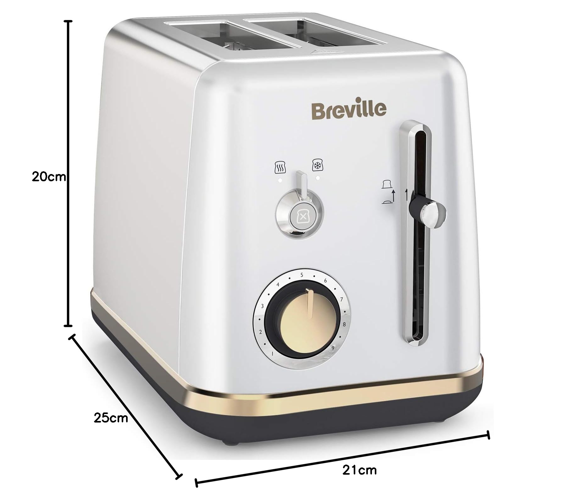 Breville tostador de 2 rebanadas con bandeja para calentar bollería, colección Mostra, color plateado Moonshine Silver con detalles dorados [VTT935X]