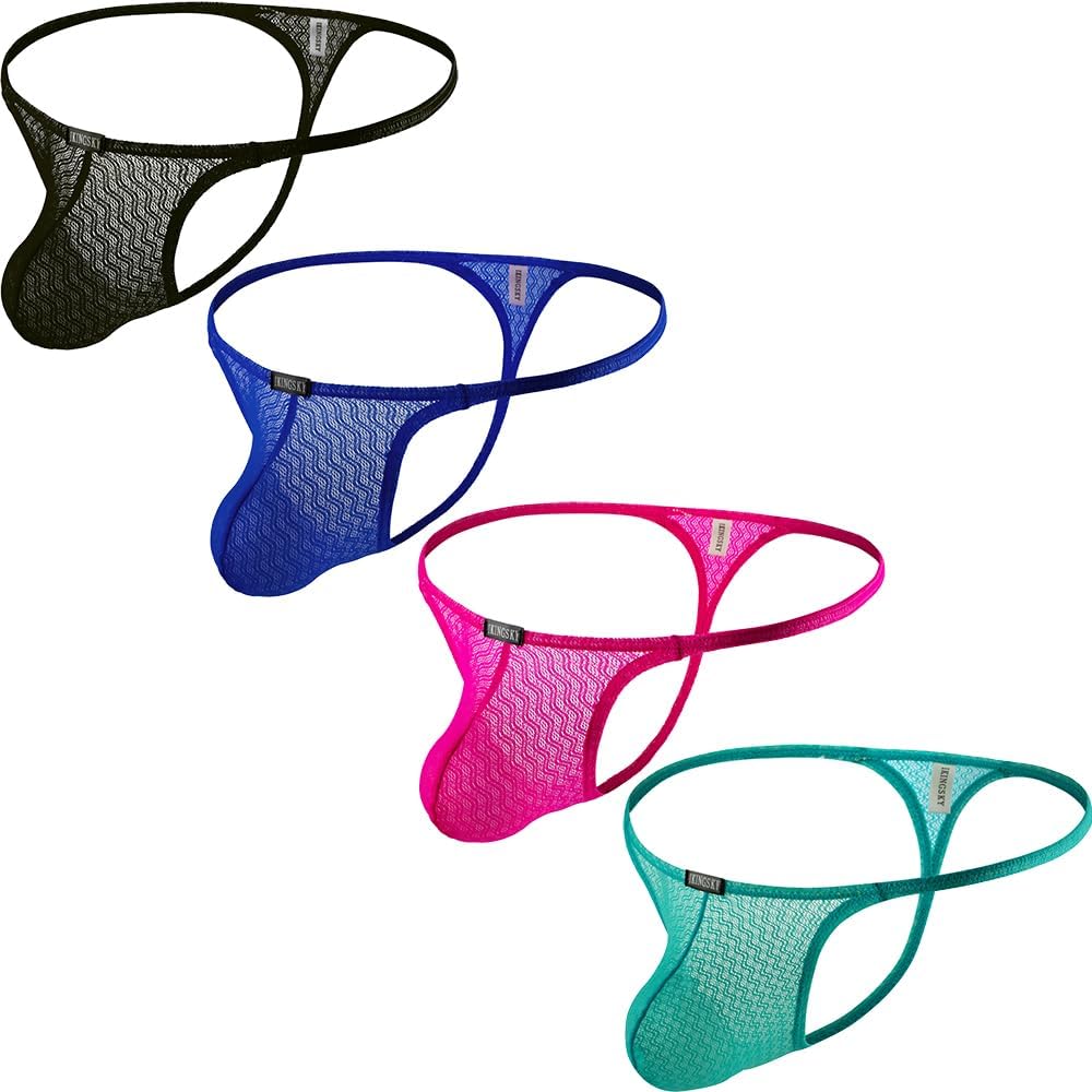 Men's Lace See Through G-String Underwear Soft Breathable Thong Sexy Low Rise Pouch Y-back Under Panties, 4 Pack, Large