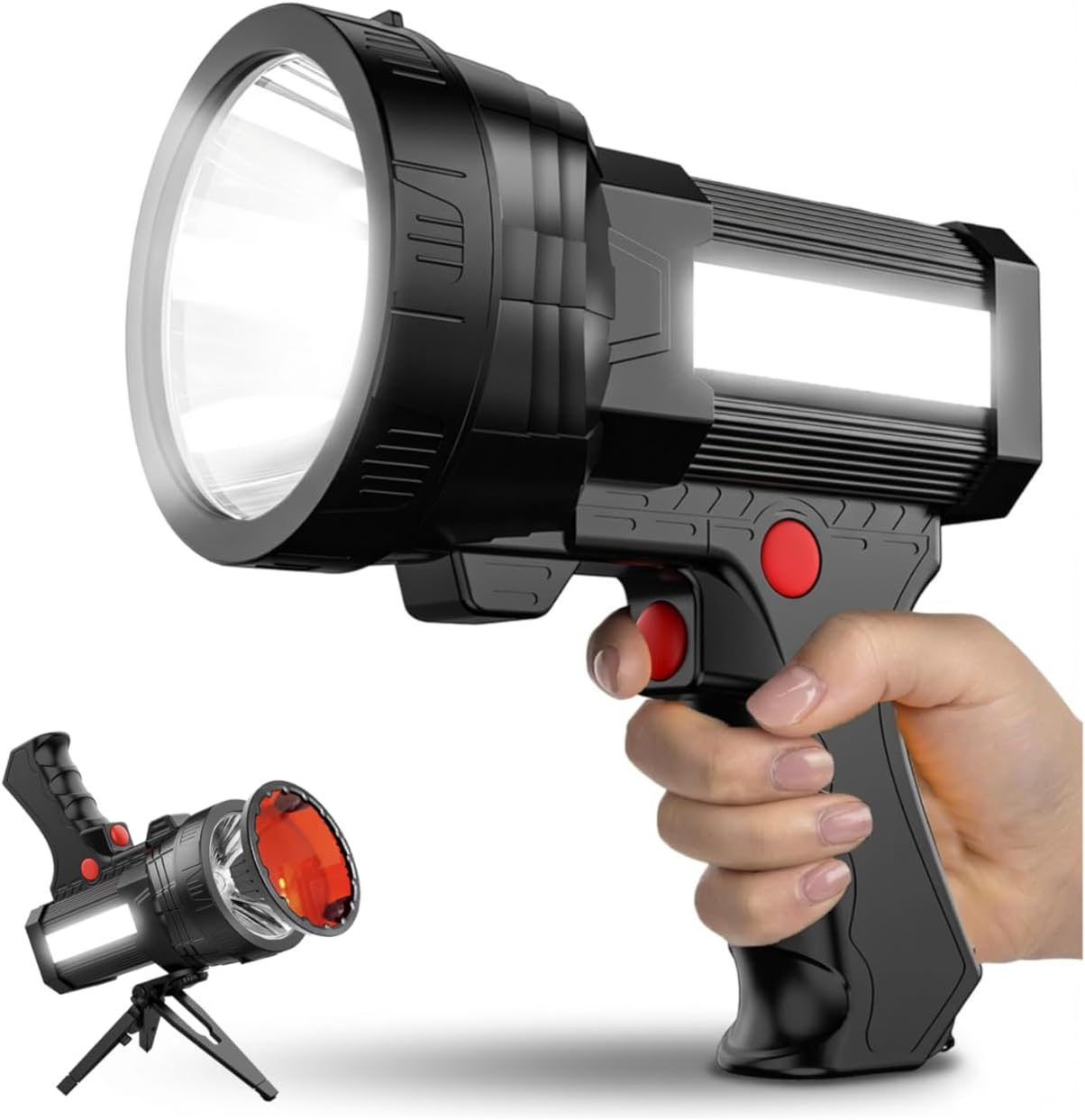 Q953 Rechargeable Spotlight,1600000 Candlela High Lumen LED Flashlightv with COB Flood Light, Built-in 10,000 mAh Li-Ion Battery for Patrol, Working, Hunting, Red Lens and Tripod