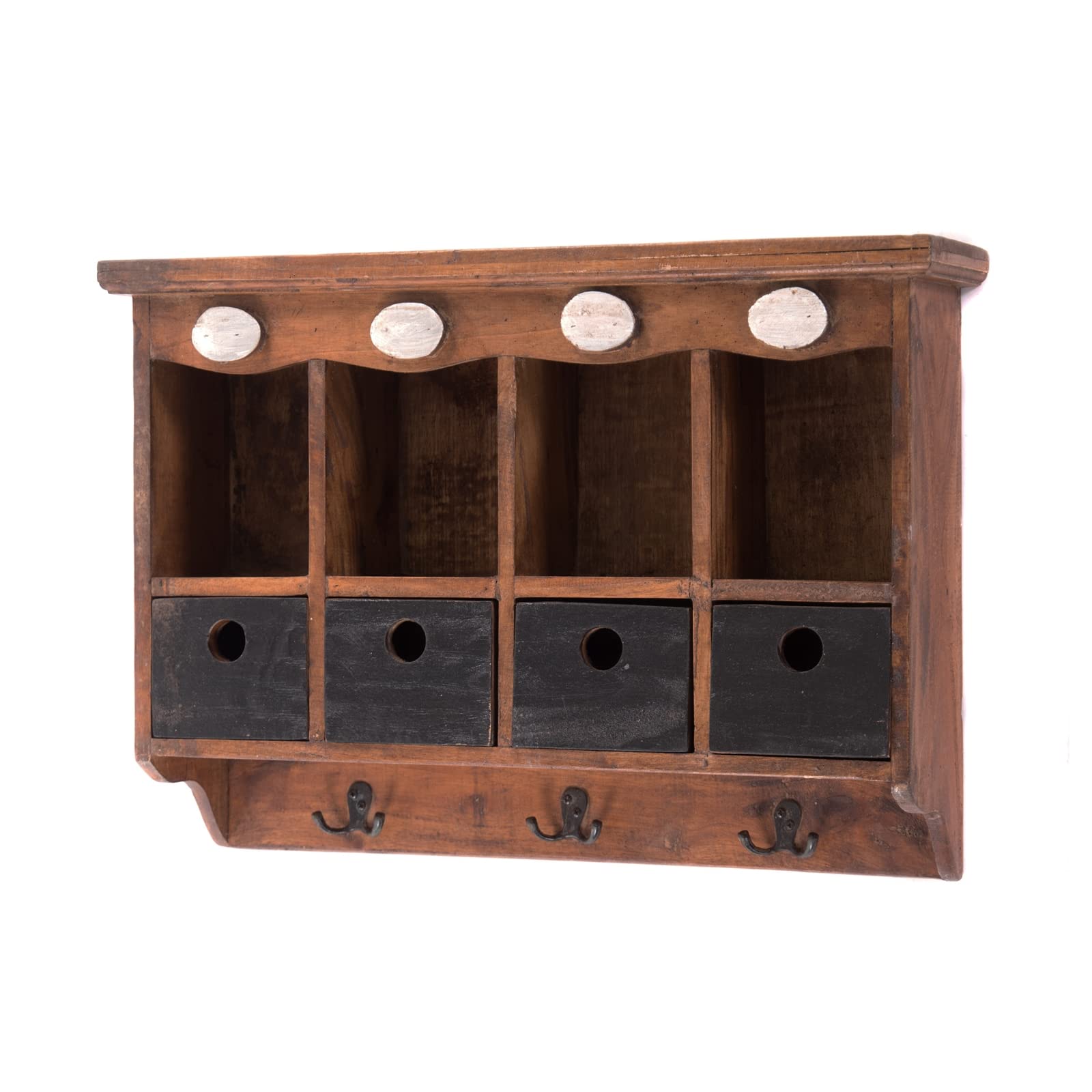 DESIGN DELIGHTS WANDREGAL Luna | Mahagoni Holz, 60 cm, mit schwarzen Schubladen und Haken | Vintage Hängeregal, Holzregal, Küchenregal, Wandschrank