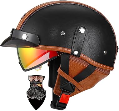 Retro Motorcycle Half Helmet Open Face Motorcycle Half Helmet ECE Certified Quick-Release Buckle, Removable Peak Retractable Visor for Adults Lightweight Motorbike Crash Helmet