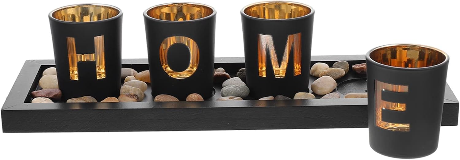 Zerodeko 1 Set Decorative Candle Holders Set Candlescape Set with Rocks and Tray Glass Votive Candle Holders Table Centerpieces for Dining Room Bathroom Coffee Table Decor Black