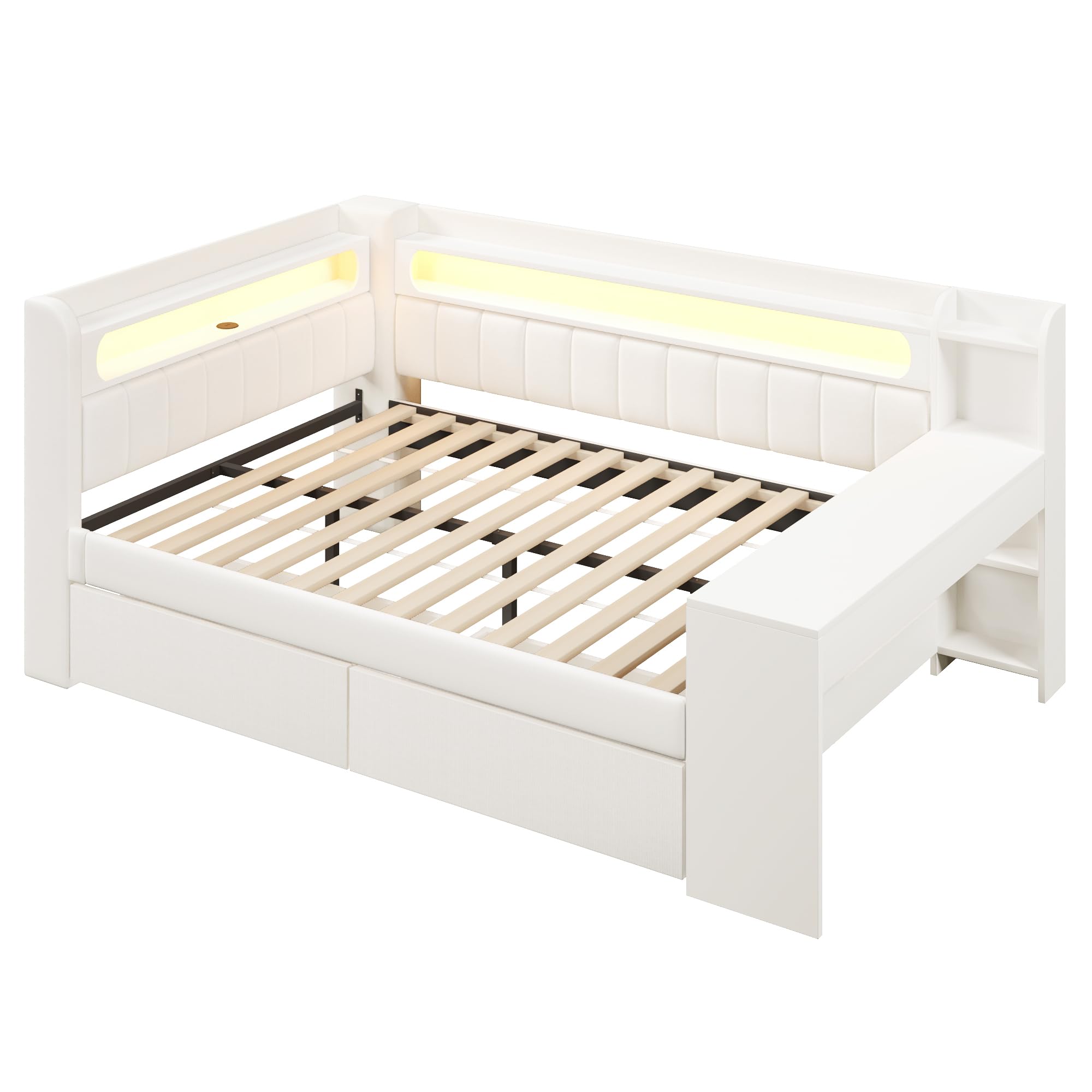 Dolamaní Łóżko młodzieżowe 140 x 200 cm, z USB i LED, łóżko dzienne z biurkiem i wyściełanym zagłówkiem, rama łóżka podwójnego ze stelażem, łóżko dziecięce z miejscem do przechowywania, bez materaca