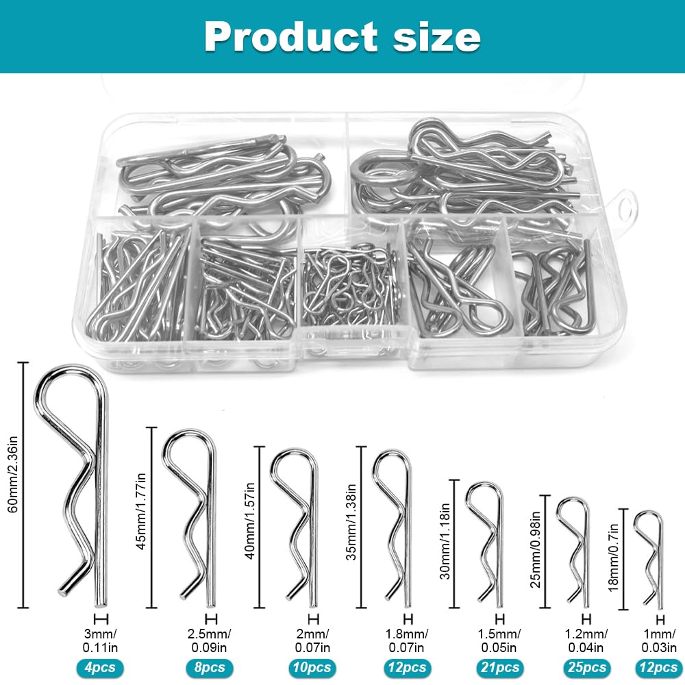 110PCS Stainless Steel Cotter Pins,R Clips R Shaped Clips,Suitable for Farm Trucks Cars, Campers, Lawn and Garden Equipment.(6 Sizes) - Image 2
