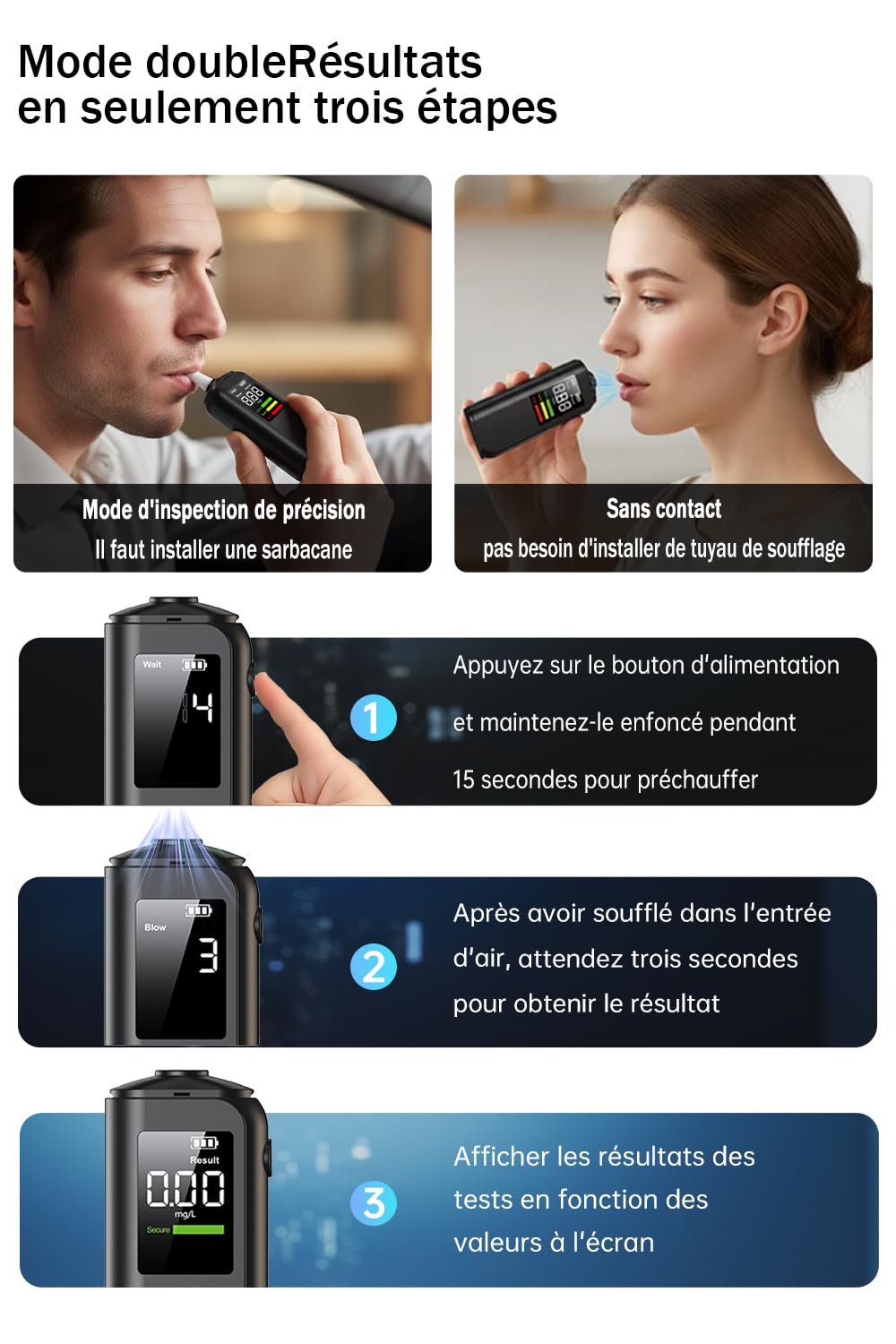 Alcootest Ethylotest Electronique, HD LED d'Affichage Numérique, Charge Type-C, Capteur Haute précision, Deux méthodes de test, Avec 8 embouts, pour un usage personnel, domestique et professionnel