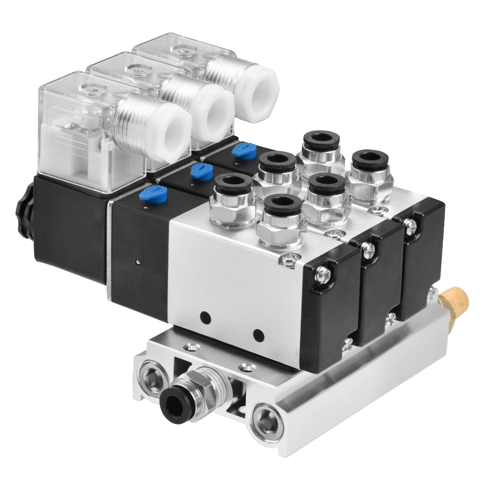 Heschen Eléctrica neumática triple válvula solenoide 4V210-08, AC220V, PT1/4'', 5 vías 2 posiciones, Manifold Base Silenciador Rápido Accesorios Conjunto
