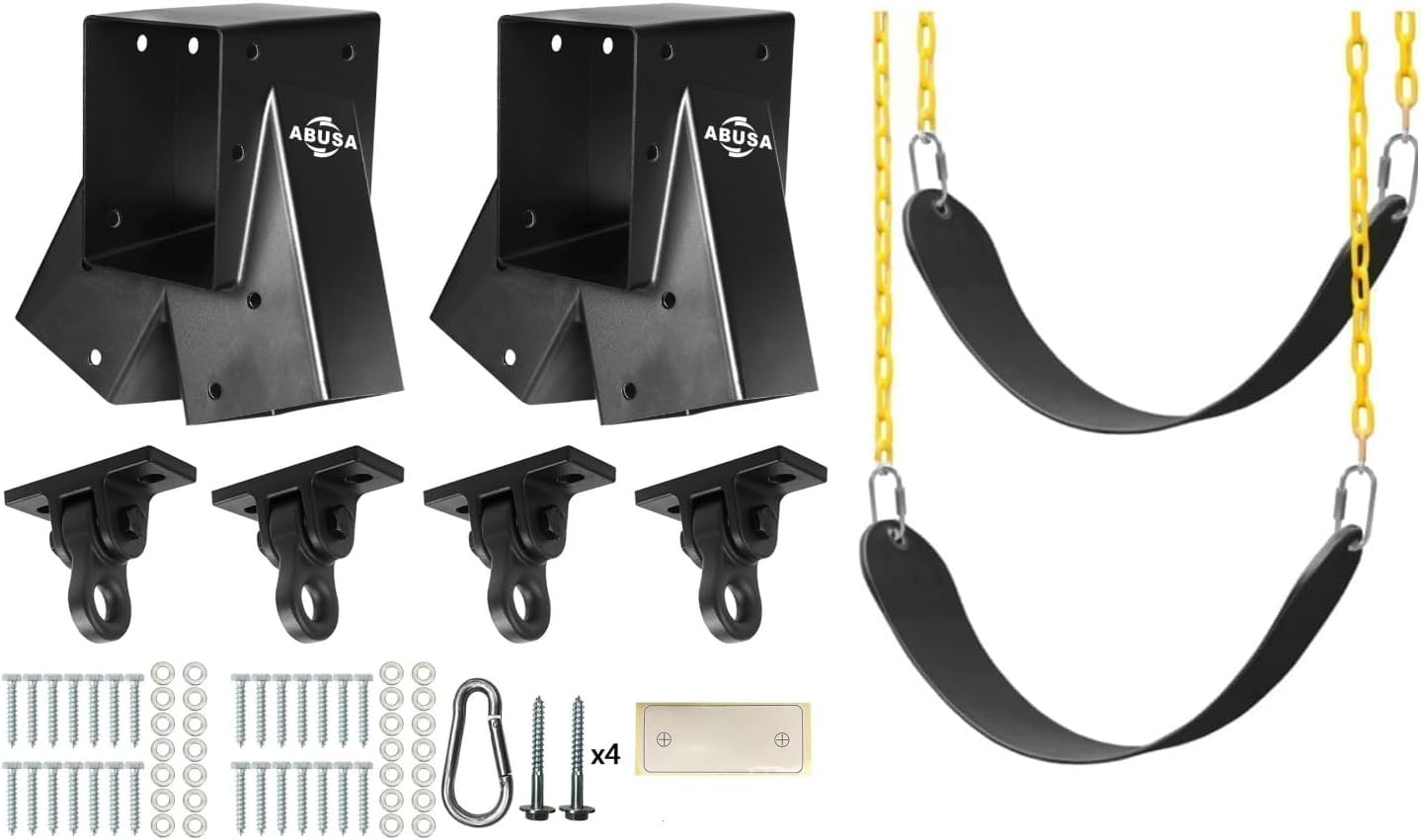 ABUSA Heavy Duty Swing Sets Brackets Kit Including 2 Black A-Frame Swing Set Brackets 2 Swing Seats and 4 Swing Hangers for Playground Equipment Mounting Parts Hardware Included (B007)