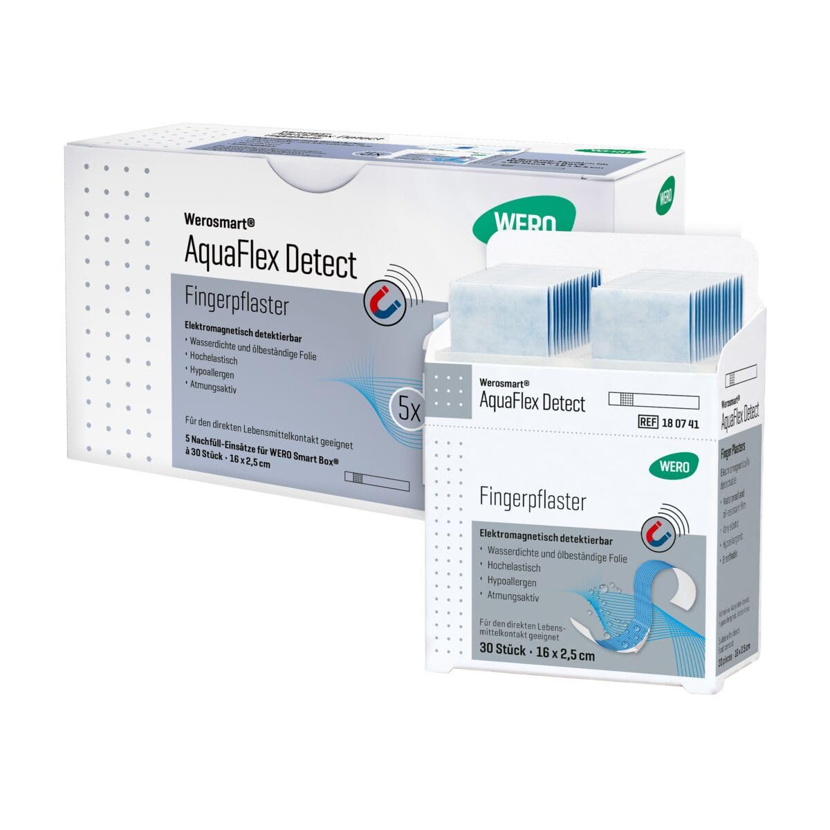 Werosmart® AquaFlex Detect Fingerpflaster 16 x 2,5 cm, 5 Einsätze | wasserdichte und ölbeständige Folie, elektromagnetisch detektierbar, passend für WERO Smart Box® Pflasterspender