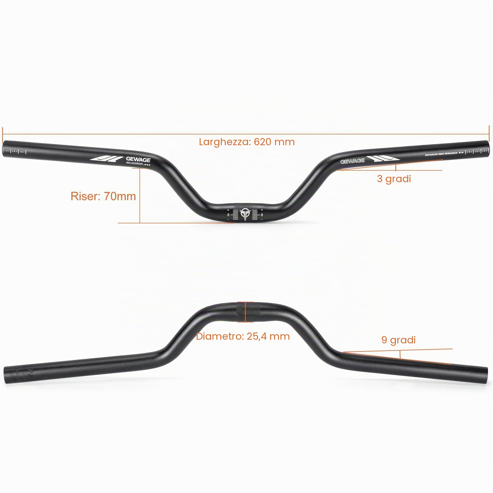 GEWAGE Manubrio Bici 25,4 mm – Manubrio Riser da 620 mm in Lega di Alluminio 6061, Rise 30/50 / 70/90 / 120 mm, Backsweep 12°, per MTB, Dirt Bike e Bici Ibride (Black, 70mm Rise)