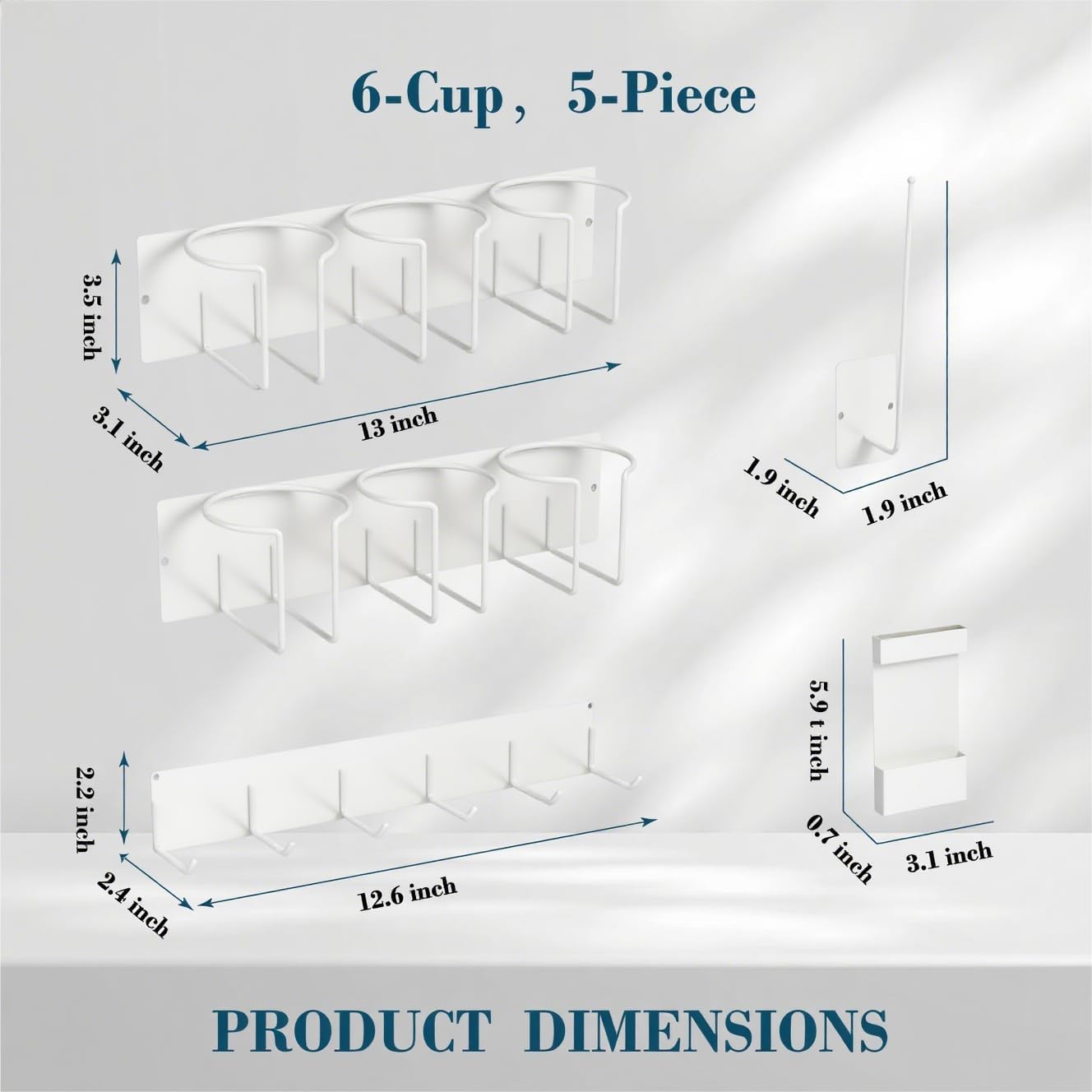 Magnetic Cup Holder Set - Universal Organizer Fits Stanley 20/30/40oz & All Cups up to 3.25 Inches Wide, Modular Rack with Lid and Straw Holders (White, 6 Cup)
