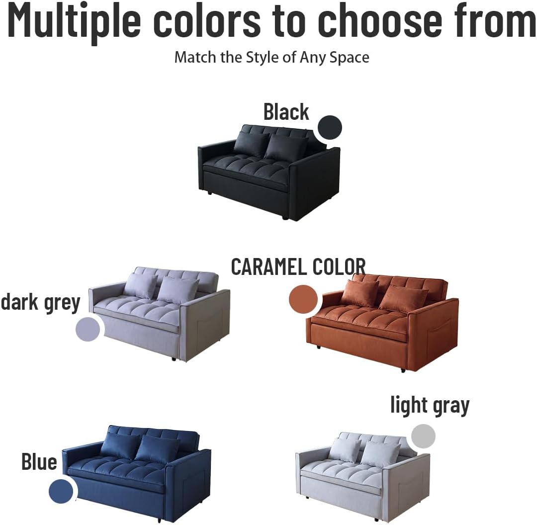 Pull Out Couch, Velvet Fabric Loveseat Sleeper Couch, 3 in 1 Corduroy Futon Sofa Bed with Side Pockets, Sleeper Sofa Bed with Adjustable Backrest for Living Room, Black