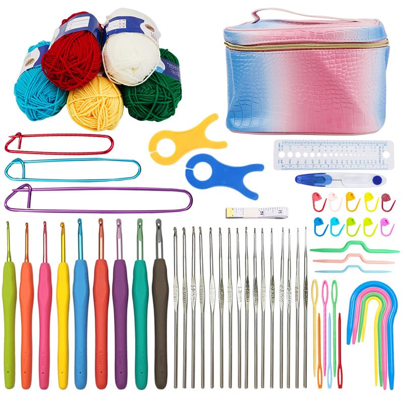 KIZAMI 1Set/62Pc 26 * 16CM Kit di Filato per Uncinetto in Blu/Rosa, Kit Completo per Iniziare all'Uncinetto per Bambini, Adulti con Design ergonomico, Ganci con Impugnatura Morbida