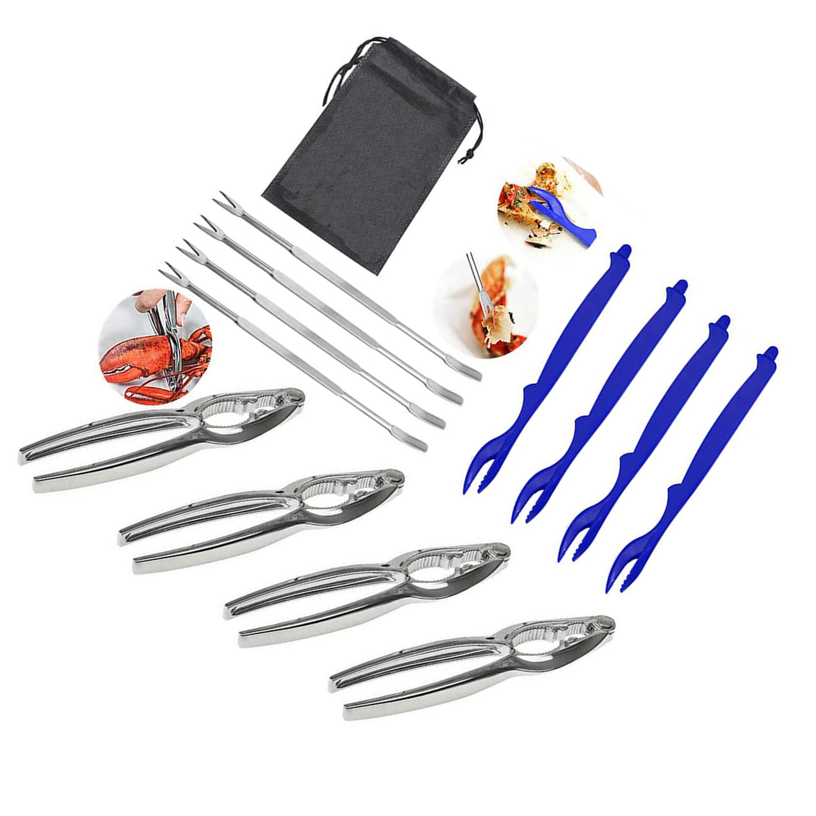 Hsioluted Alloy Seafood Crackers Tool Set with Storage Pouches for Crabs Lobsters Shellers Preparation Processing and Serving Crabs Crackers