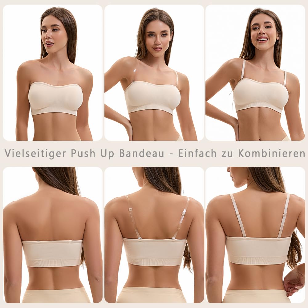 Damen Trägerloser BH Push Up Ohne Bügel Bandeau Top Große Größen Rutschfestes Silikon Bralette Nahtlose Tube Top mit Klare und Schwarz Träger