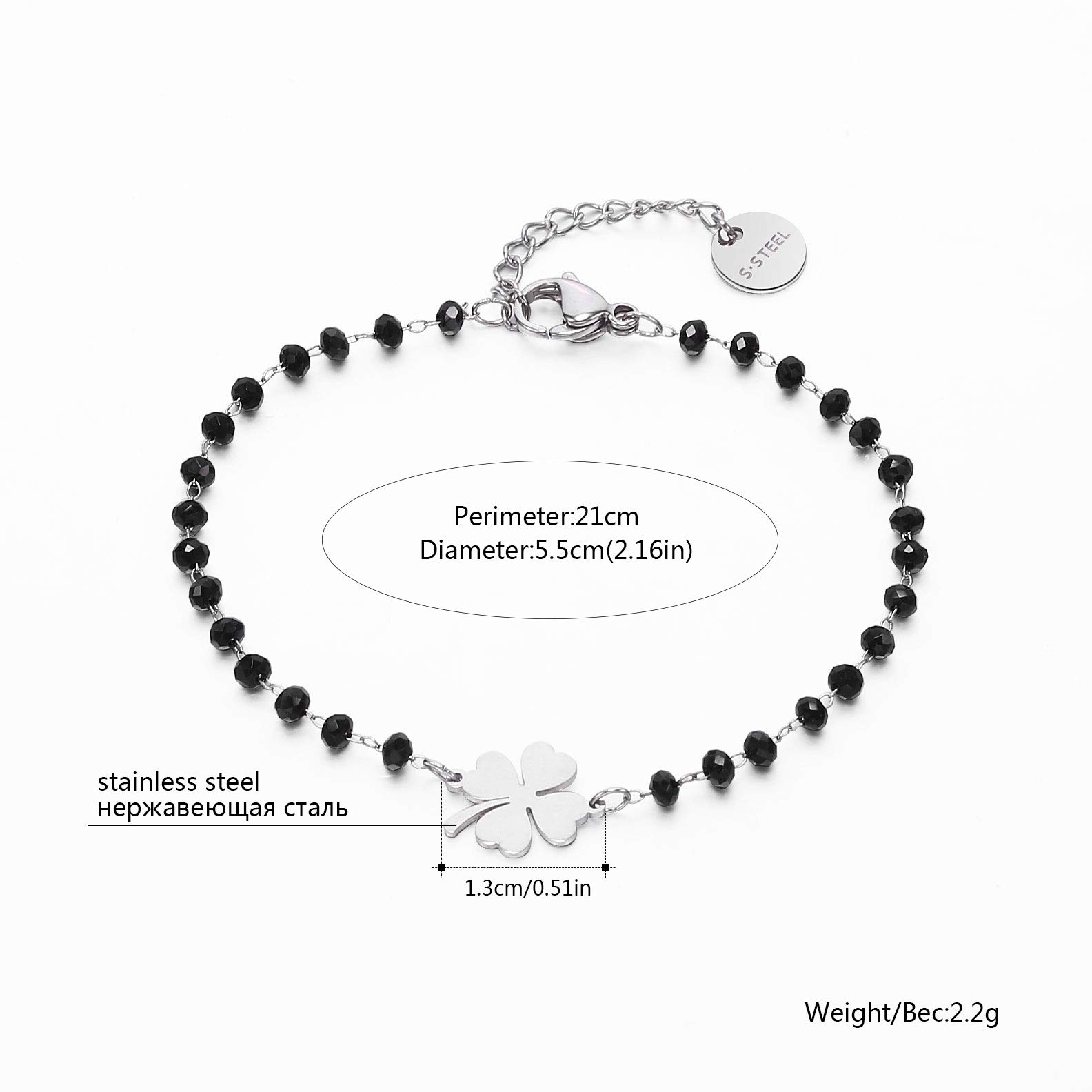 pengjin-Bracciale con ciondolo a quadrifoglio portafortuna, in acciaio inox, con perline nere, semplice braccialetto portafortuna