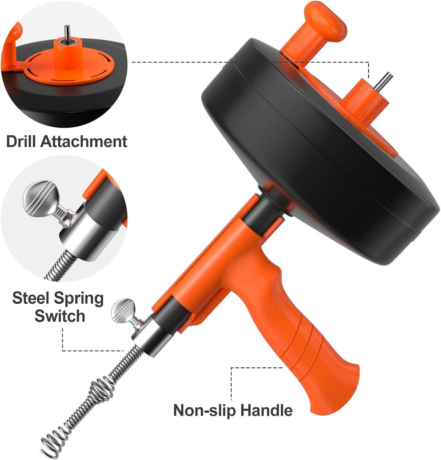 Drain Auger, Plumbing Snake With Drill Adapter, 35ft Heavy Duty Flexible Sink Steel Plumbing Auger Bathroom Hair Clog Removal Tool, Manual Or Powered - No auto retract or feed