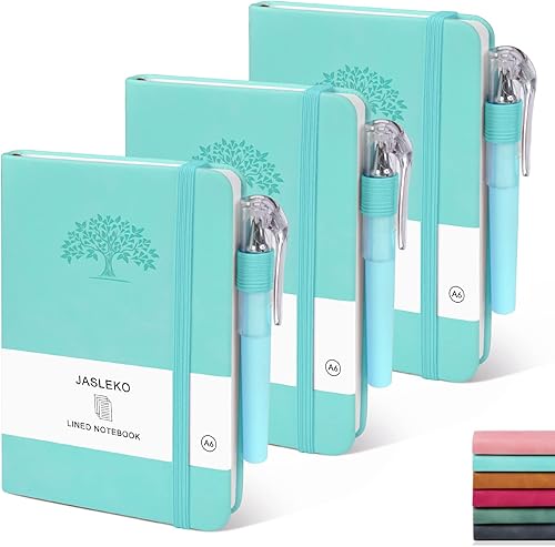 Paquete de 3 cuadernos de bolsillo de cuero azul con 3 bolígrafos para hombres y mujeres, negocios, viajes, escuela, trabajo, A6, cuadernos pequeños