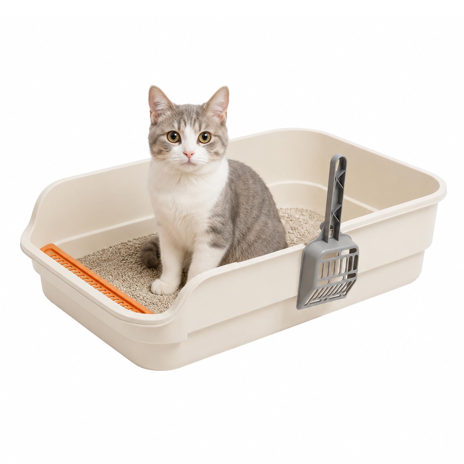 Skylos Cat Litter Tray Spacious High Sided Low Entry Open Pan for Cats Beige