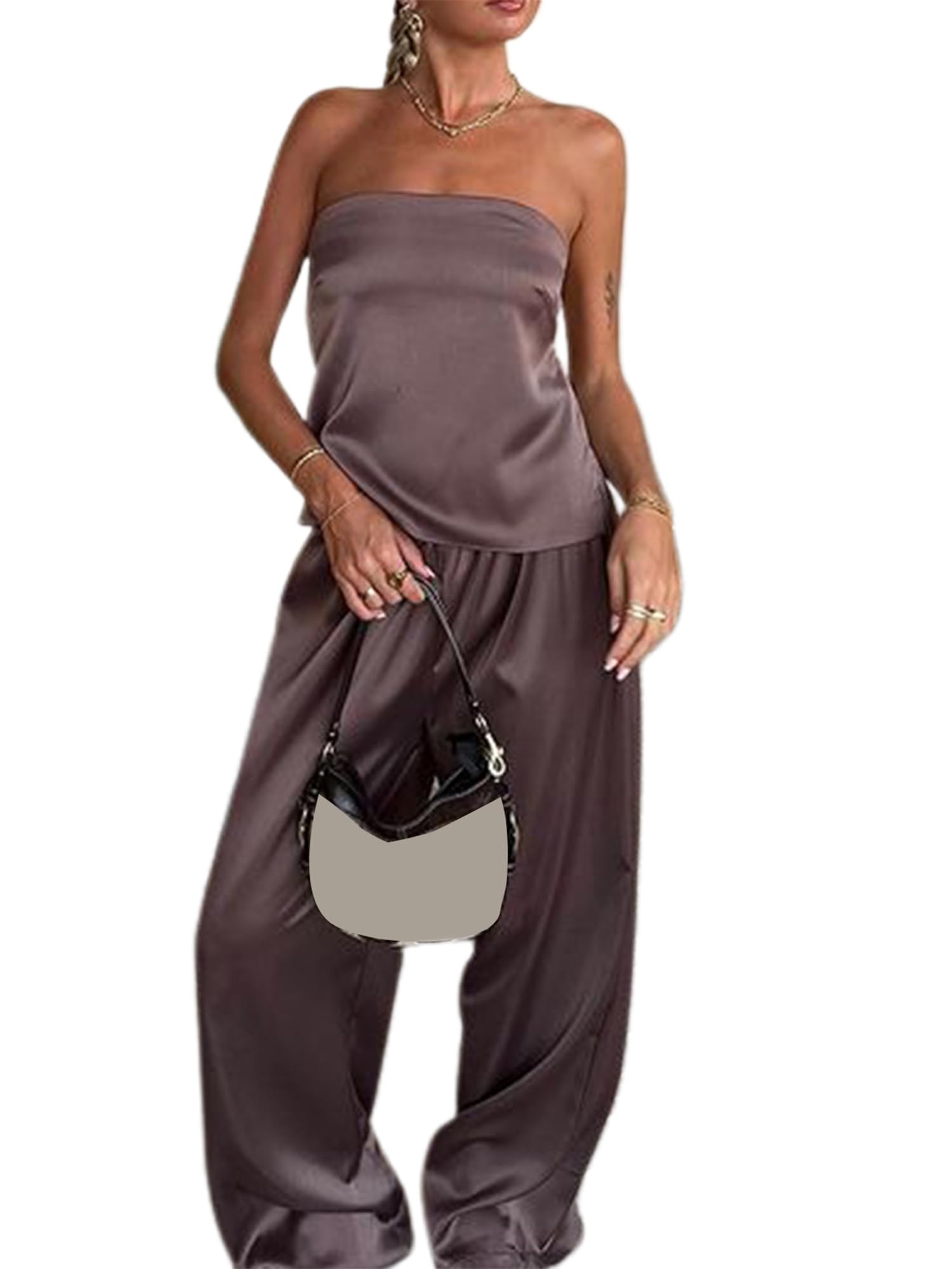 Acrawnni Women Y2K Two Piece Sets Off Shoulder Satin Strapless Tube Tops Wide Leg Pants Set Streetwear Aesthetic Clothes (A-Purple, L)