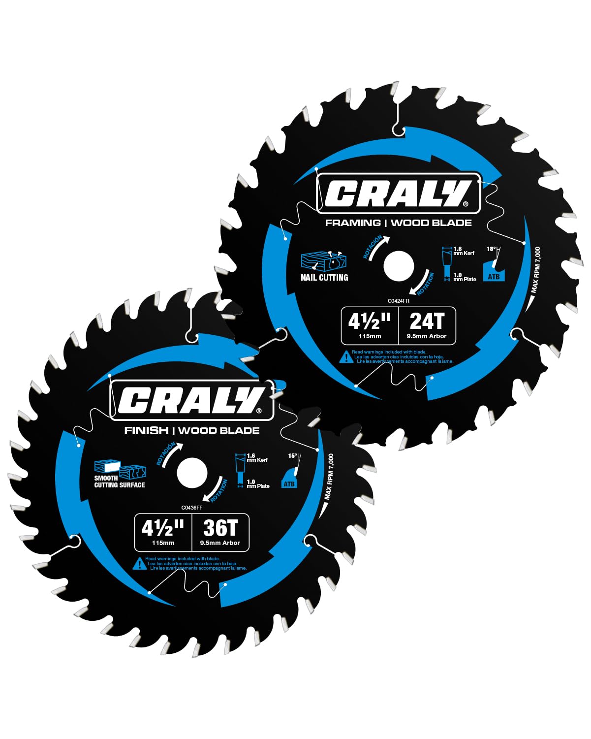 4-1/2 Inch 24&36 Teeth Wood Cutting Framing/Fine Finish Circular Saw Blade, 3/8 Inch Arbor, Carbide Tipped, Thin Kerf, Black Ice™, for Plywood, MDF, OSB, Laminated, 2-Pack(C042436-2)