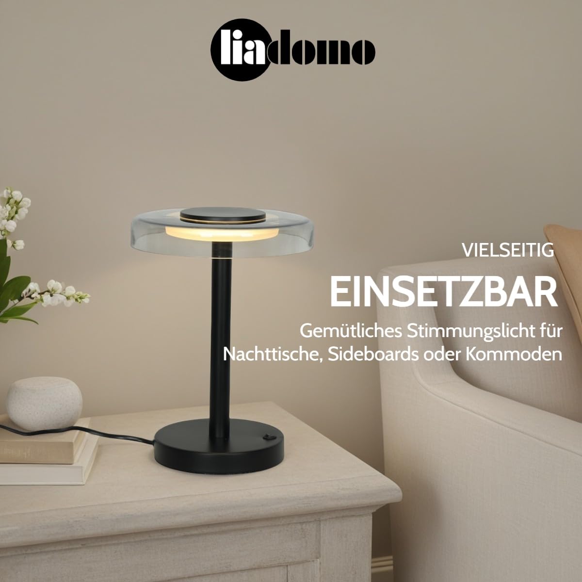 Tischleuchte Volos, Tischlampe Glas LED Wohnzimmer, Schlafzimmer | moderne Nachttischlampe, Schreibtischlampe, Schwarz, Ø 22 cm, Design Dekolampe, mit Kabel, Metallfuß, 30 cm Höhe, Warmweiß