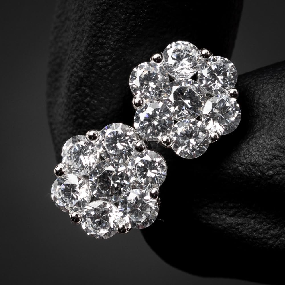 White Gold Plated 925 Sterling Silver Women’s Men’s Iced CZ Round Flower Cluster Hypoallergenic Circle Hip Hop Trendy Fashion Cubic Zirconia Stud Screw Back Earrings
