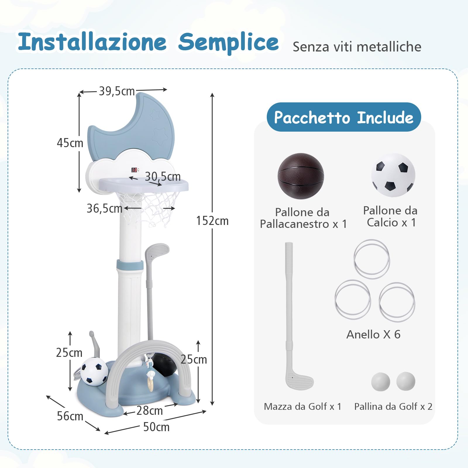 RELAX4LIFE 4 in 1 Canestro Basket per Bambini, con Basket, Calcio, Golf e Gioco del Lancio degli Anelli, Tabellone Elettronico ed Effetti Sonori, Regolabile in Altezza, 3+ Anni (BLU)