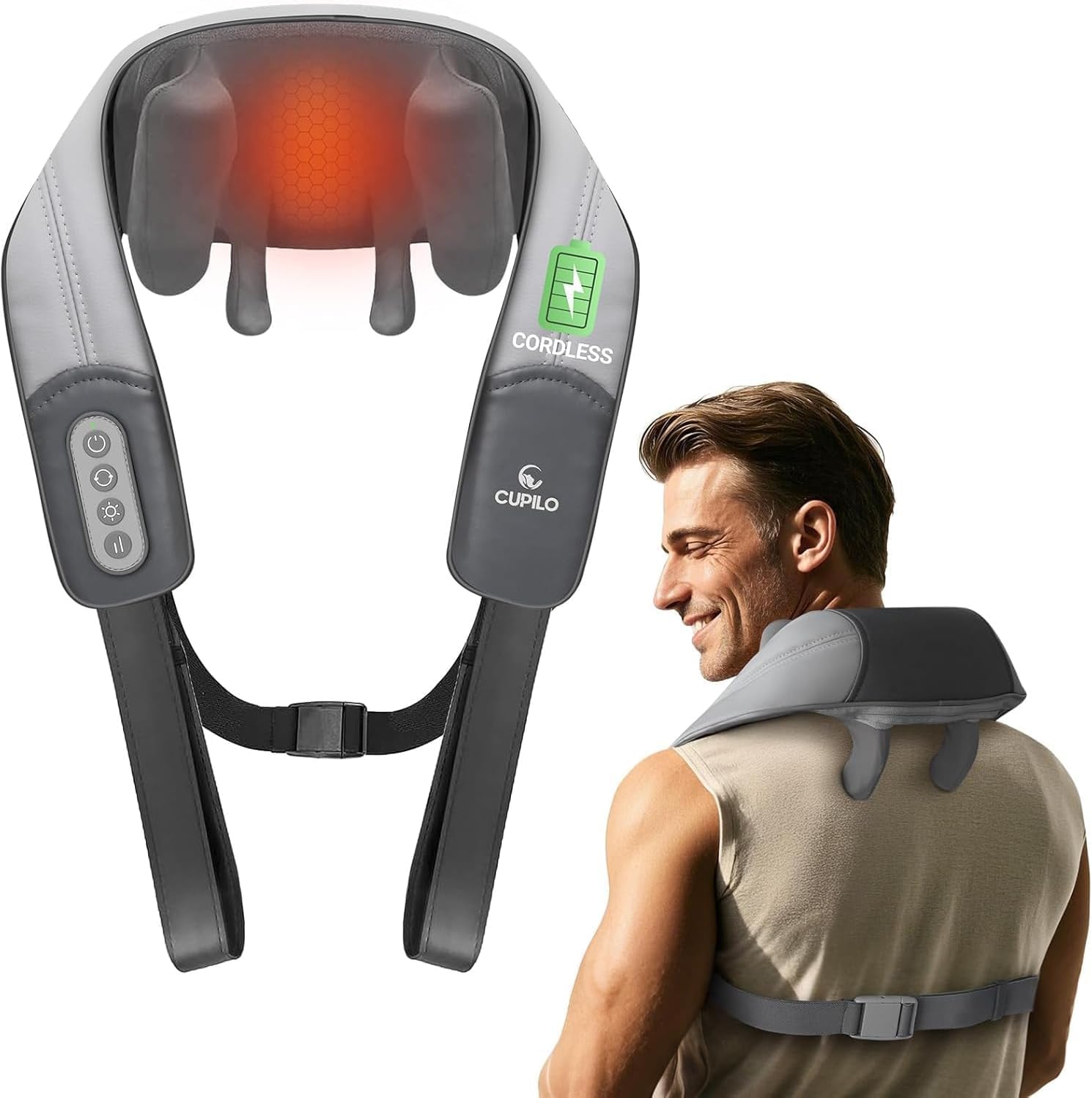 CuPiLo Cordless Neck Massager with Heat - 6D Hand-Like Kneading Shoulder Massager for Pain Relief Deep Tissue,Shiatsu Massager Pillow for Neck,Back,Legs and Shoulder,Gifts for Men or Women