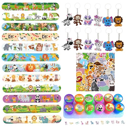 Eymobad 76 unidades de animales para fiestas infantiles, regalos de cumpleaños de la selva con pulsera de chupito de animales, llavero, sellos, pegatinas, accesorios de fiesta para niños y niñas,