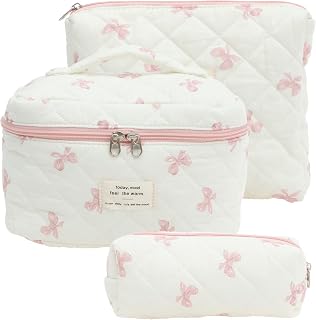 Set of 3 Cosmetic Bag,Cotton Toiletry Bag Ladies Floral Pattern Set, Portable Toiletry Bag Cosmetic Bag Women Girls for Daily Life, Travel, Pink A, Dopamine