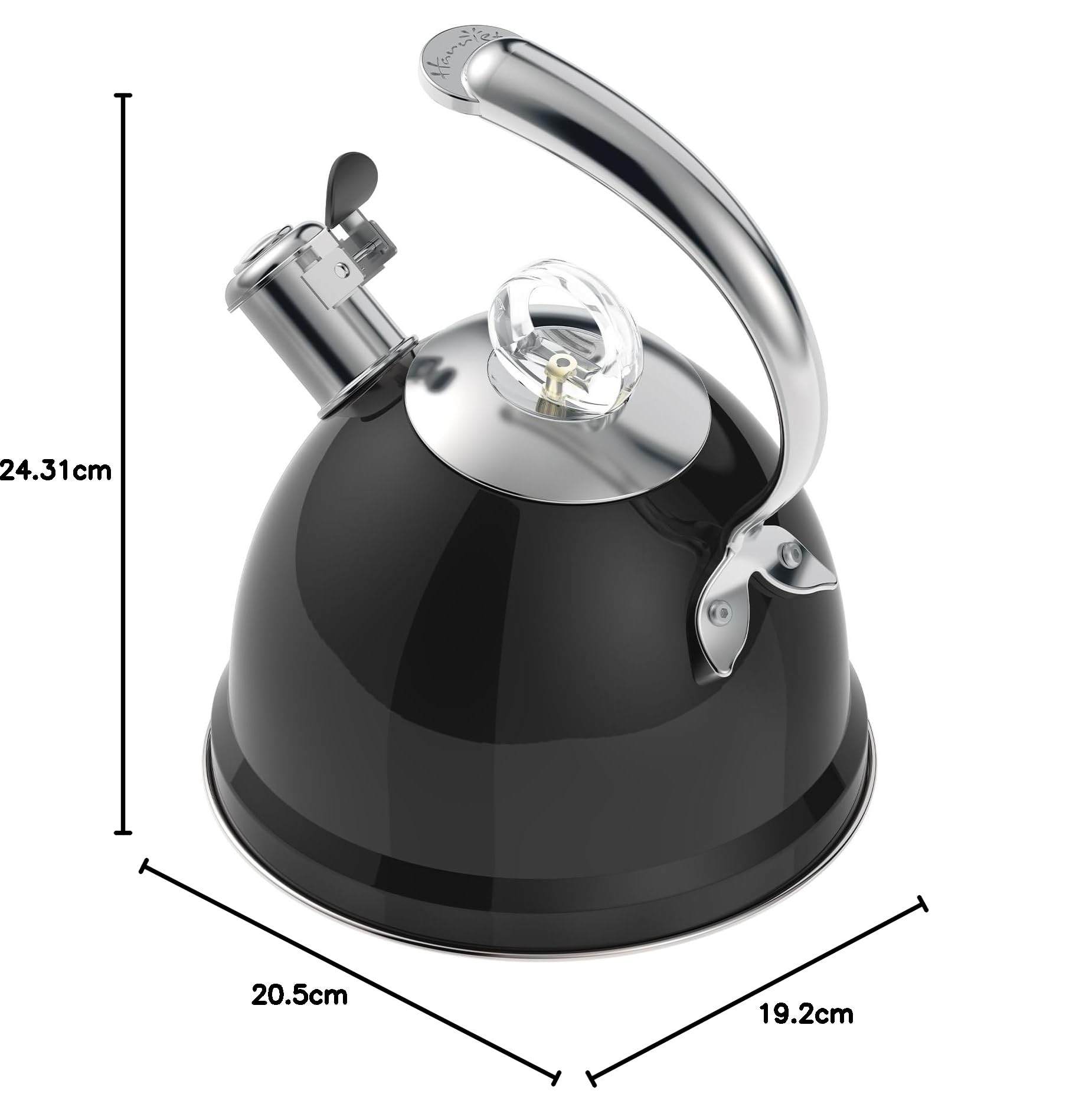 Harriet Teekessel, 2,5 QT Pfeifende Edelstahl-Teekanne, 3-lagiger Boden, einzigartiger ergonomischer Griff, inklusive Topflappen und Matte, Elektro-/Induktions-/Gasherde, Schwarz