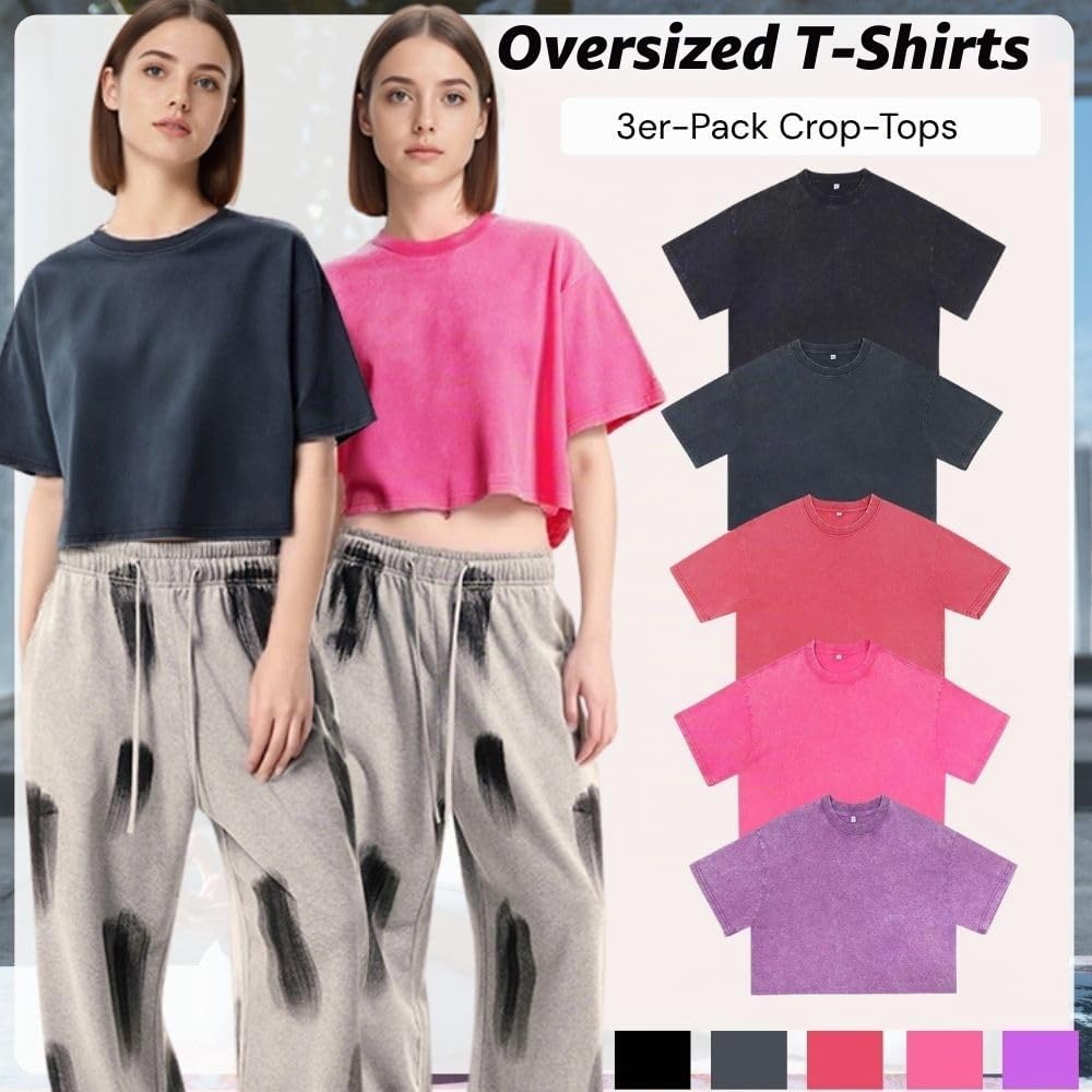 Damen Oversized T-Shirt, 3er-Pack Kurzarm-Crop-Tops, Rundhals-Mode-T-Shirt, T-Shirt Sommer Hip Hop Streetwear