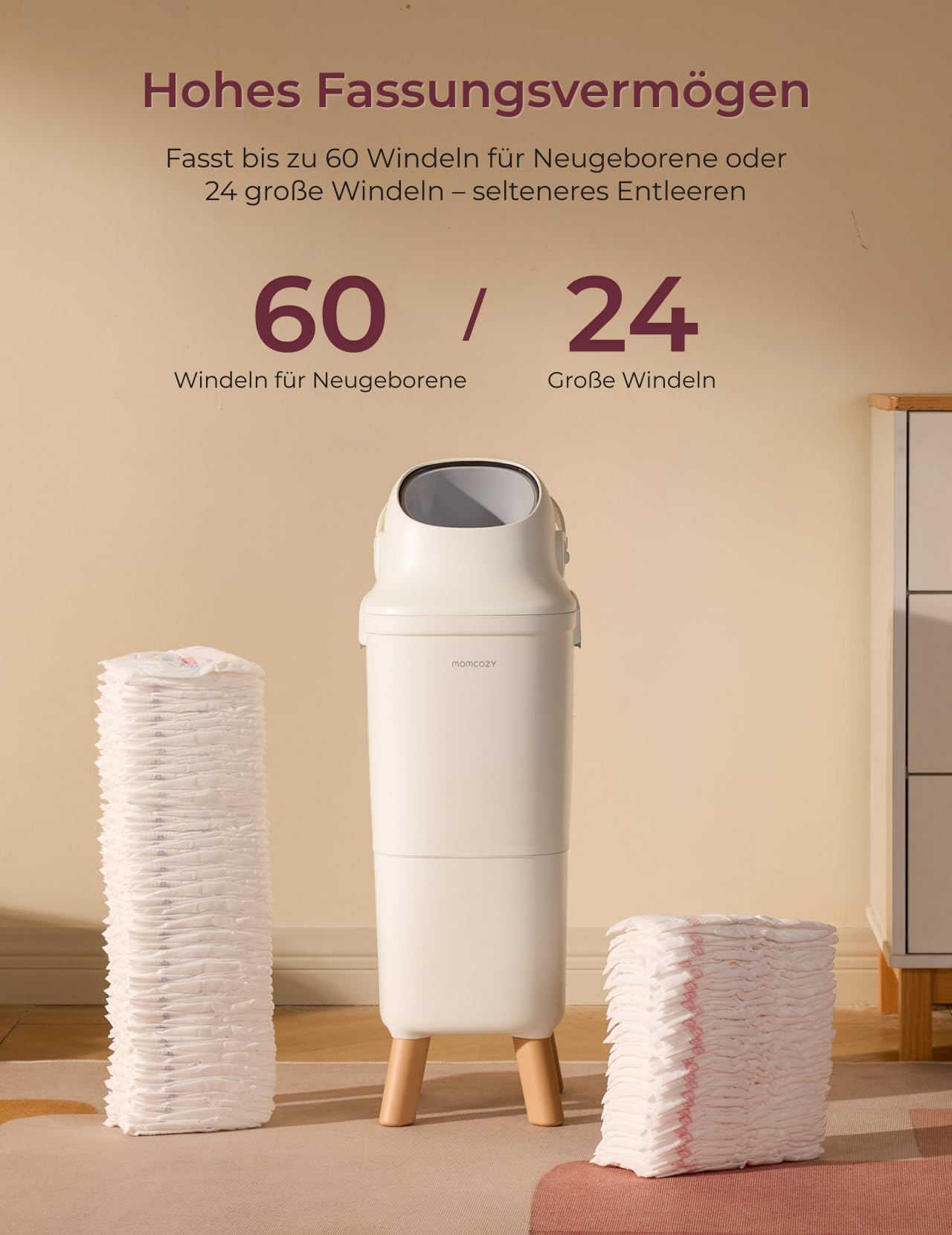 Momcozy Windeleimer mit 3-fach-Verschlusssystem zur Reduzierung von Gerüchen, windeleimer geruchsdicht breite Öffnung, ergonomische Höhe, großes Fassungsvermögen mit Sichtfenster, diaper bin