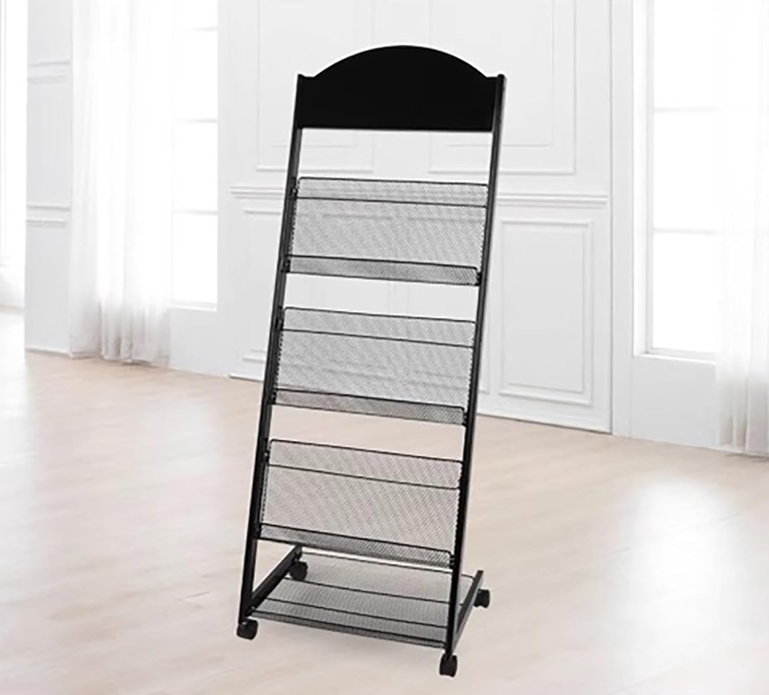Black Magazine Information Rack Wheels, Vertical File Brochure Display Stand for Offices/Exhibitions, Commercial Literature Shelf Holder