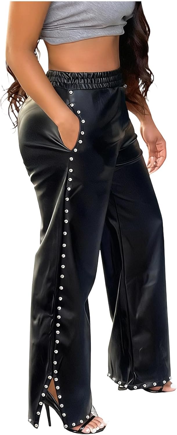 JOAU Women's Wide Leg Faux Leather Pants Side Rhinestone Decor Elastic High Waist Baggy Slit Palazzo Trousers with Pockets