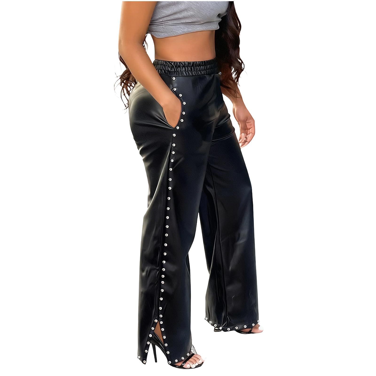 Womens Wide Leg Faux Leather Pants High Elastic Waisted Fashion Rivets Baggy Trousers with Pockets Barrel Slacks
