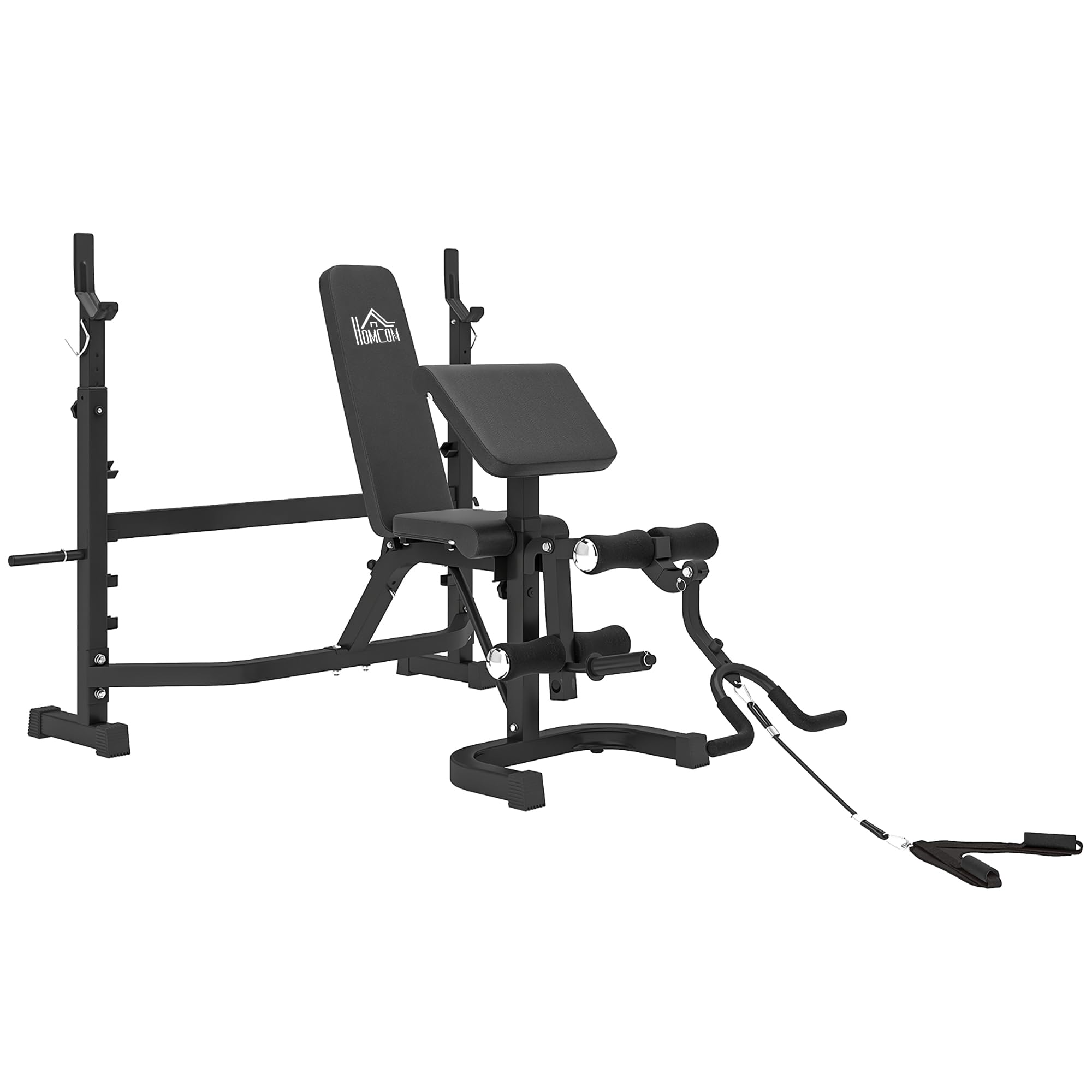 HOMCOM Panca Palestra Multifunzione Regolabile con Rack Bilanciere, Pad per Gomiti e Schienale, Panca Pesi Inclinabile Piana con Leg Extension, Low Row, Arm Curl, Addominali, Allenamento Palestra Casa