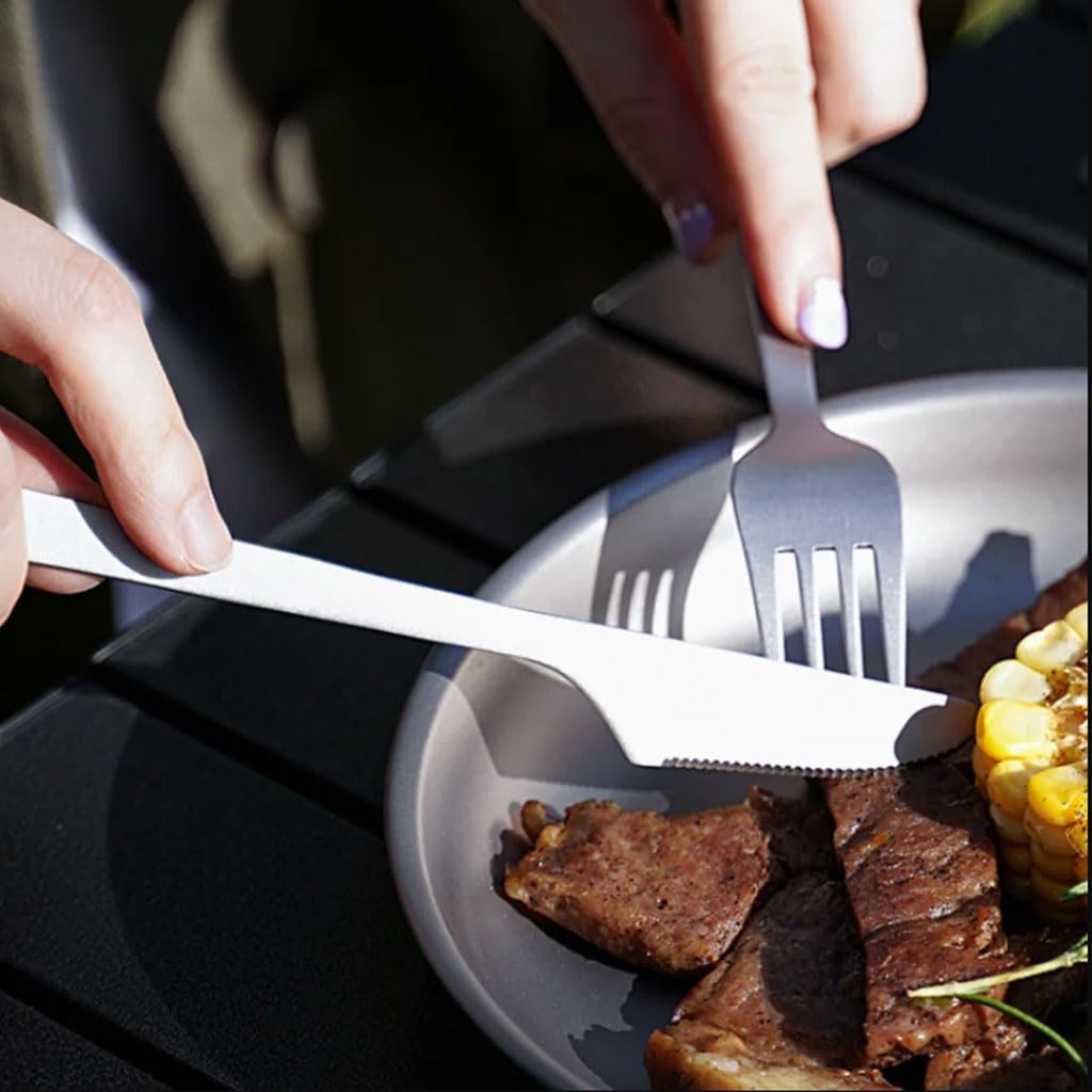 Beau Couverts en Alliage de Titane, Couteau, Fourchette et cuillère, Ensemble de Couverts de Cuisine Domestique, Vaisselle Portable de Camping en Plein air (Argent) Pratique