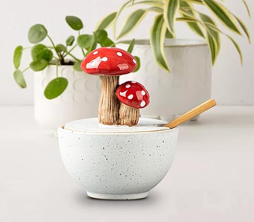 Miniatura 2 de Bodega de sal de hongos con tapa Caja de sal de cerámica Recipiente de sal blanca Recipiente de sal con tapa Cerdo de sal con cuchara de bambú