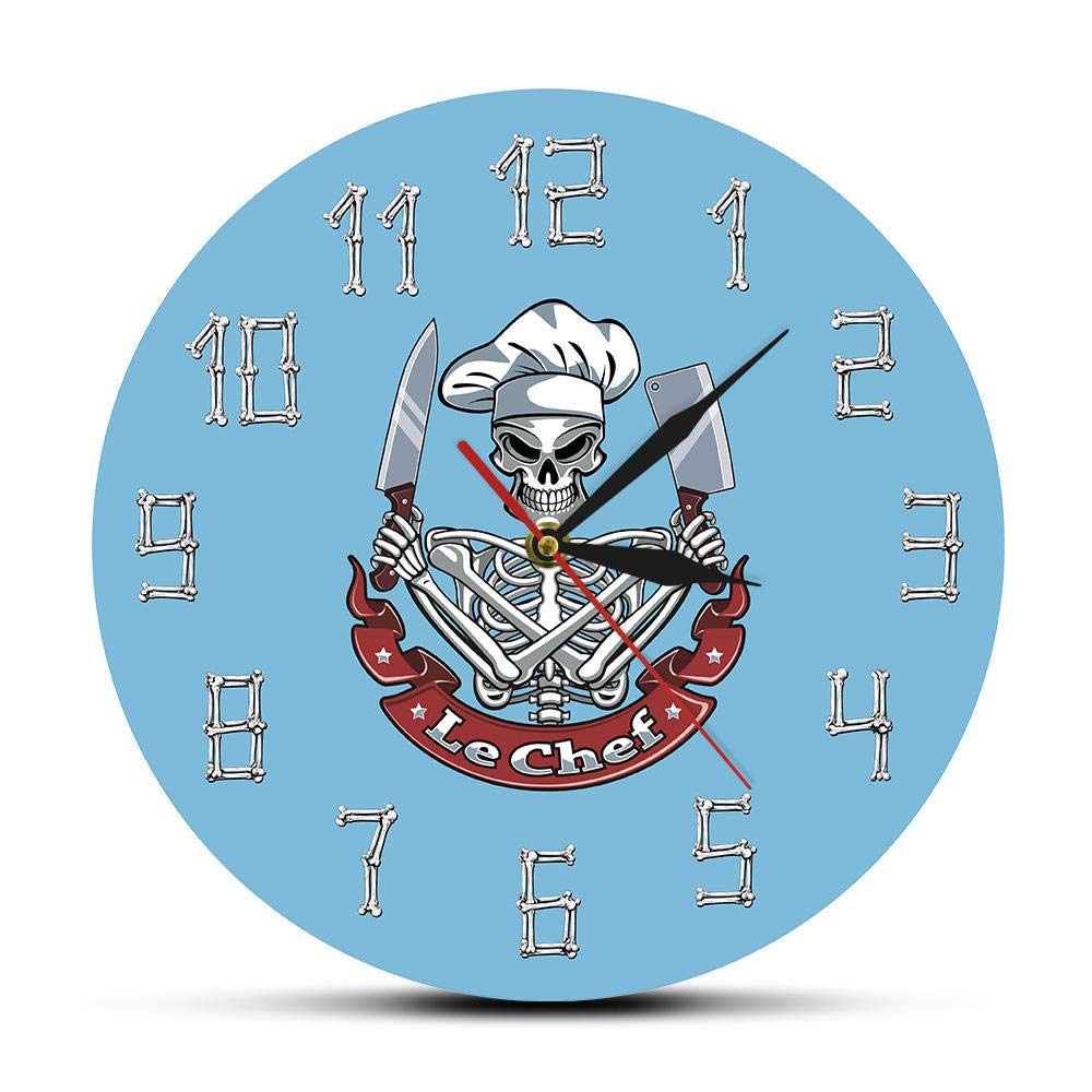 tingnn Le Chef Skull Cook Modern Wall Clock Watch Skeleton with Chef Hat Knife Cleaver French Restaurant Kitchen Decor Funny Chef Gift-Frameless_Simple_Design